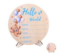 NQEUEPN Panneau d'Annonce Bébé Bois, Panneau Nouveau-né Hello World | Panneau Bienvenue Nouveau-Né Rond 15cm avec Support Plaque Bienvenue Nouveau-né Accessoires Photo pour Pouponnière d'Hôpital