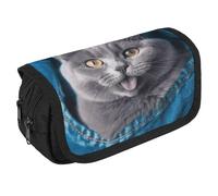 NQHJT Trousse à crayons avec motif chat bleu qui sort de la langue - Grande capacité - Double fermeture éclair - 2 compartiments - Portable - Multifonctionnel - Organiseur de bureau, Style :, 8.7 x
