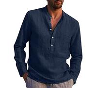 NQyIOS - Chemises décontractées pour homme en solde, déstockage - Chemise en lin et coton pour homme, manches longues, style Henley, boutonnée, pour la plage, sweat-shirts pour homme, pour l'automne