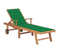 Nqyjm Bain de Soleil avec Dossier et Repose-Pied Réglable, avec Roues, Chaise Longue avec Coussin Vert Bois de Teck Solide Transat de Plage Relax d'extérieur pour Jardin, Terrasse, Balcon