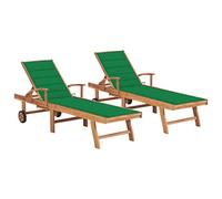 Nqyjm Bain de Soleil avec Dossier et Repose-Pied Réglable, avec Roues, Chaises Longues Lot de 2 avec Coussin Vert Bois de Teck Solide Transat de Plage d'extérieur pour Jardin, Terrasse