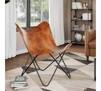 Nqyjm Chaise papillon en cuir véritable marron Chaise en cuir de vachette pour salon, accent vintage relaxant, pour petits espaces, maison, bureau