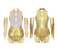 NRBMZYEN Costumes de danse latine pour femme avec pompons à paillettes et gants métalliques, doré, Medium