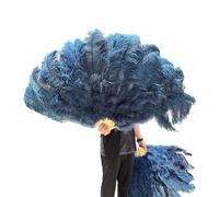 NRBMZYEN Éventail pliant en plumes de grand format avec 13 plumes d'autruche osseuses et duveteuses de 100 cm et 130 cm, éventail à main en plumes pour mariage, fête, spectacle sur scène (Bleu profond
