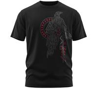 NØRTH Legendary T-shirt Homme - Hugin et Munin Corbeaux d'Odin Imprimé sur la Poitrine, Cadeaux Vikings Nordiques Walhalla pour Hommes, Thor Valhalla Viking, Couleur:noir / rouge sang, Taille:XL