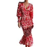 NRVTRE Robe moulante sexy avec col en V - Robe florale moulante à la mode pour un usage quotidien - Ourlet plissé - Taille haute - Robe longue tendance - Invité de mariage - Décontractée - Manches