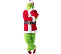 NSASL Déguisement Père Noël pour Adulte Hommes - Costume Grinch Vert avec Masque 7PCS Deluxe Santa Set, Accessoires Amusants pour Halloween, Noël, Cosplay (Couleur : A, Taille : 3XL)