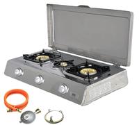 NSD-3C Inox Camping Cuisinière à Gaz 3 Feux + Couvercle Avec Sécurité D'Allumage