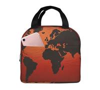 NSDdefAWCGT Petit sac à déjeuner isotherme réutilisable pour homme et femme - Motif carte du monde rouge et marron - Boîte à déjeuner portable pour le travail, le pique-nique