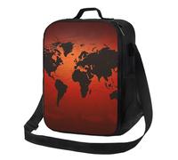 NSDdefAWCGT Sac à déjeuner isotherme pour homme et femme avec bandoulière réglable, motif carte du monde rouge et marron, sac fourre-tout Luch pour pique-nique