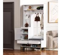 nsemble D'Armoires 100x180x35cm Comprenant Un Porte-Manteau, Une Armoire, Une Planche À Crochets, des Tiroirs sur Rails À Billes et Un Banc de Rangement, 4 Crochets, Adapté À L’Entrée (White1)