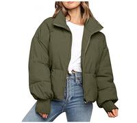 Nsercvb Veste d'hiver courte pour femme - Doudoune sans capuche - Doublure chaude - Col montant - Veste d'hiver courte - Veste matelassée - Parka - Veste d'extérieur - Veste softshell, Vert kaki, L