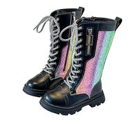 NSICBMNO Bottes à lacets pour filles - Longueur genou - Bottes de combat mi-mollet à lacets - Taille des bottes à lacets - Fermeture éclair - Bottes de cowgirl pour enfants - Bottes longues