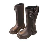 NSICBMNO Bottes montantes au genou pour filles en polaire avec nœud papillon - Bottes d'hiver mi-mollet - Bottes de combat épaisses - Chaussures d'école - Pour la marche des enfants de 4 à 11 ans
