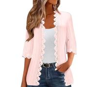 NSICBMNO Cardigan d'été léger à manches 3/4 pour femme - Boléro en dentelle au crochet - Bord festonné - Haut habillé pour robe de plage de mariage, 01 # rose., XL