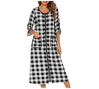 NSICBMNO Chemise de nuit longue pour femme avec fermeture éclair sur le devant - Robe de chambre tartan légère à manches courtes - Chemise de nuit longue avec poches, 01 - Noir, XL