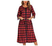 NSICBMNO Chemise de nuit longue pour femme avec fermeture éclair sur le devant - Robe de chambre tartan légère à manches courtes - Chemise de nuit longue avec poches, Rouge #01, L