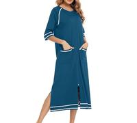 NSICBMNO Chemise de nuit longue pour femme - Robe de chambre rayée - Léger - Fermeture éclair - Manches courtes - Pyjama d'été - Avec poches - Vêtements de nuit, Bleu foncé 01#, L