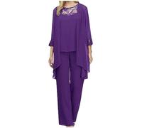 NSICBMNO Co Ord Ensembles pour femme Grande taille Mère de la mariée Tenues 3 pièces Cardigans Cascade Dentelle Sans Manches Haut Pantalon Ensemble Mousseline de soie Costume Invité Mariage Vêtements