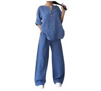 NSICBMNO Ensemble 2 pièces pour femme taille plus Ensembles décontractés en lin de coton Hauts en lin blouses à manches courtes Pantalons à jambes larges avec poches Ensembles de jogging pour dames