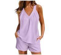 NSICBMNO Ensemble de détente 2 pièces pour femme - Pyjama d'été sans manches - Débardeurs - Short de cyclisme avec poches - Col en V - Short - Ensemble de pyjama court pour le travail, les vacances