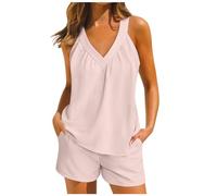 NSICBMNO Ensemble de détente 2 pièces pour femme - Pyjama d'été sans manches - Débardeurs - Short de cyclisme avec poches - Col en V - Short - Ensemble de pyjama court pour le travail, les vacances