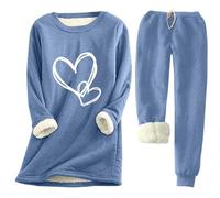 NSICBMNO Ensembles coordonnés pour femmes UK tailles grandes 2 pièces en molleton pyjamas à manches longues avec chemise en forme de cœur et survêtement décontracté pour l'aéroport, Bleu 01, S