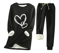 NSICBMNO Ensembles coordonnés pour femmes UK tailles grandes 2 pièces Pyjamas en polaire Manches longues - Haut en forme de cœur en polaire - Pantalon doublé en polaire - Ensemble décontracté pour
