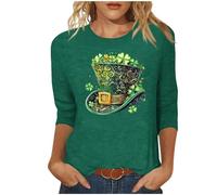 NSICBMNO Hauts d'été pour femmes, t-shirts surdimensionnés à manches 3/4, haut de la Saint-Patrick, T-shirts à col rond, chemises imprimées trèfle vert irlandais, chemisiers amples amusants pour la
