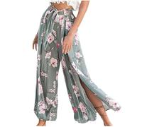 NSICBMNO Pantalon à jambes larges pour femme - Pantalon d'été floral - Pantalon de plage fendue sur le côté - Pantalon taille haute - Pantalon de détente léger - Pantalon de yoga décontracté -