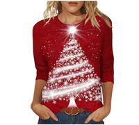 NSICBMNO Pull de Noël amusant pour femme - Haut à manches 3/4 - Col rond - Renne, Père Noël, bonhomme de neige - Imprimé arbre de Noël - Pull de Noël fantaisie - Tunique laide, J Red, L