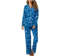 NSICBMNO Pyjama à manches longues pour femme - Motif cœur - Chemise boutonnée - Pantalon de détente - Ensemble décontracté - Ensemble de pyjama confortable - Vêtements de nuit - Grande taille, Bleu