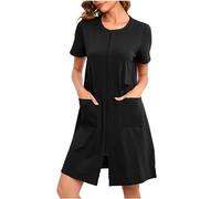 NSICBMNO Pyjama d'été pour femme avec fermeture éclair - Manches courtes - Léger - Col rond - Chemises de nuit courtes avec poches - Manteaux d'intérieur, 01 - Noir, M