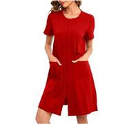 NSICBMNO Pyjama d'été pour femme avec fermeture éclair - Manches courtes - Léger - Col rond - Chemises de nuit courtes avec poches - Manteaux d'intérieur, Rouge #01, M