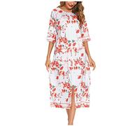 NSICBMNO Robe de Chambre à Fleurs pour Femme Peignoir Léger pour Dames Robes de Bain Longues avec Fermeture Éclair Pyjamas Manches 3/4 Robes de Nuit Zip Haut Cardigans Robes de Bain en Mousseline