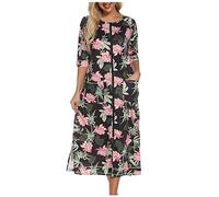 NSICBMNO Robe de chambre florale légère pour femme - Longue fermeture éclair - Manches 3/4 - Col rond - Vêtements de nuit, 01 - Noir, XL