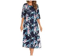 NSICBMNO Robe de chambre florale légère pour femme - Longue fermeture éclair - Manches 3/4 - Col rond - Vêtements de nuit, Bleu marine 01#, M