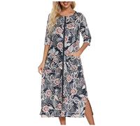 NSICBMNO Robe de chambre florale légère pour femme - Longue fermeture éclair - Manches 3/4 - Col rond - Vêtements de nuit