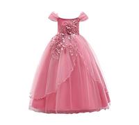 NSICBMNO Robe de fête longue pour fille - Tutu brodé à fleurs - Nœud papillon - Volants - Pour fête d'anniversaire, mariage, demoiselle d'honneur, bal de danse - Pour 5 à 14 ans, 01 - Rose, 130