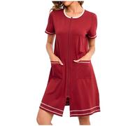 NSICBMNO Robes de chambre pour femme - Peignoirs de bain légers à fermeture éclair - Chemises de nuit courtes en coton - Pyjamas à manches courtes - Cardigan ouvert sur le devant - Chemises de nuit