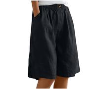 NSICBMNO Short d'été en Lin pour Femme avec Poches - Longueur Genou - Bermuda à Jambe Large - Taille Élastique - Short de Plage Décontracté - Grande Taille