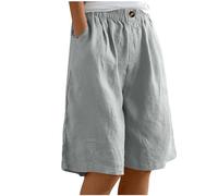 NSICBMNO Short d'été en Lin pour Femme - Bermuda à Jambe Large avec Poches - Longueur Genou - Taille Élastique - Grande Taille - Style Plage Décontracté