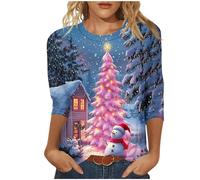 NSICBMNO T-shirt de Noël amusant à manches 3/4 pour femme - Motif bonhomme de neige, Père Noël - Arbre de Noël amusant - Col rond - Pull fantaisie - Tunique décontractée pour les fêtes, I Pink, S