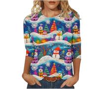 NSICBMNO T-shirt de Noël pour femme - Pull de Noël grossier à manches 3/4 - Col rond - Graphique amusant - Renne du Père Noël - Haut ample - Tunique pour sortir, J Multicolore, S
