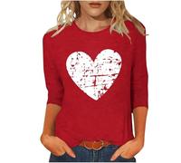 NSICBMNO T-shirt pour femme à manches 3/4 - T-shirt en forme de cœur - T-shirt de Saint-Valentin à col rond - Chemisier d'été ample - Tunique décontractée - Chemisier décontracté - Chemise de fête