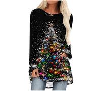 NSICBMNO T-shirts de Noël pour femmes - Pull de Noël amusant à manches longues - Hauts tunique à col rond - T-shirts à motif arbre de Noël et Père Noël - T-shirts graphiques fantaisie - Pulls de Noël