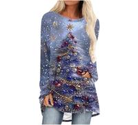 NSICBMNO T-shirts de Noël pour femmes - Pull de Noël amusant à manches longues - Hauts tunique à col rond - T-shirts à motif arbre de Noël et Père Noël - T-shirts graphiques fantaisie - Pulls de Noël