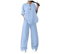 NSICBMNO Tenue 2 pièces pour femme - Grande taille - En coton et lin - Tunique - Pantalon à jambes larges avec poches - Tenue de yoga décontractée pour la plage, 01#Bleu clair, XL