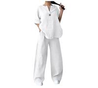 NSICBMNO Tenue deux pièces pour femme - Grande taille - En coton et lin - Tunique - Pantalon large avec poches - Ensemble de survêtement pour femme - Tenue de yoga décontractée pour la plage, Blanc