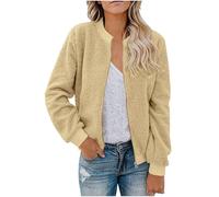 NSICBMNO Veste bomber légère pour femme - Manteau d'hiver zippé - Cardigan moelleux avec poches - Vestes en polaire - Vestes décontractées - Hauts moelleux - Vêtements de sport, 02#kaki, XL